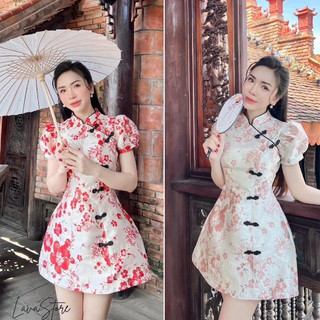 Đầm nữ cổ Tàu mặc Tết, mặc đi chơi, đầm chất gấm hoa văn, dáng suông thanh lịch