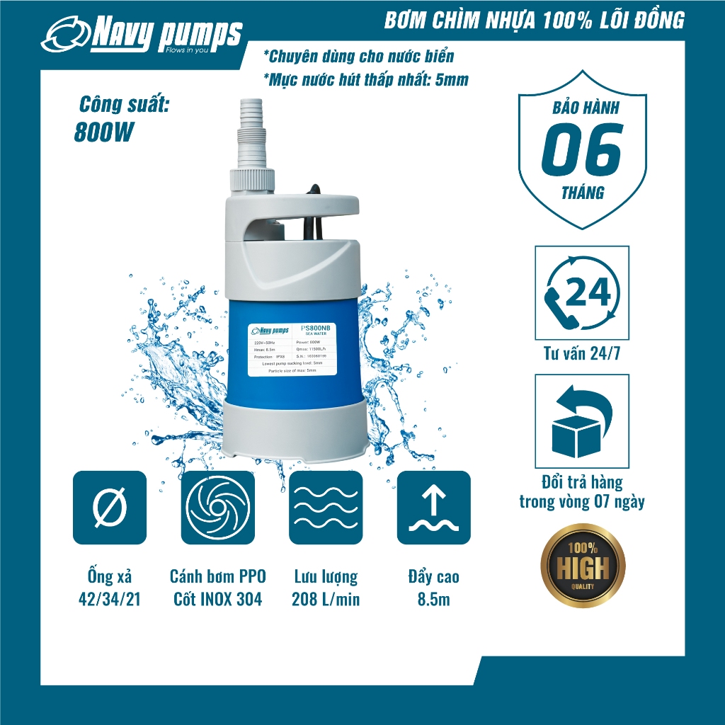 Máy Bơm Chìm Thân Nhựa Chuyên Nước Sạch, Nước Mặn, Nước Phèn, 800W Chống Ăn Mòn P800NB | Máy Bơm Nướ