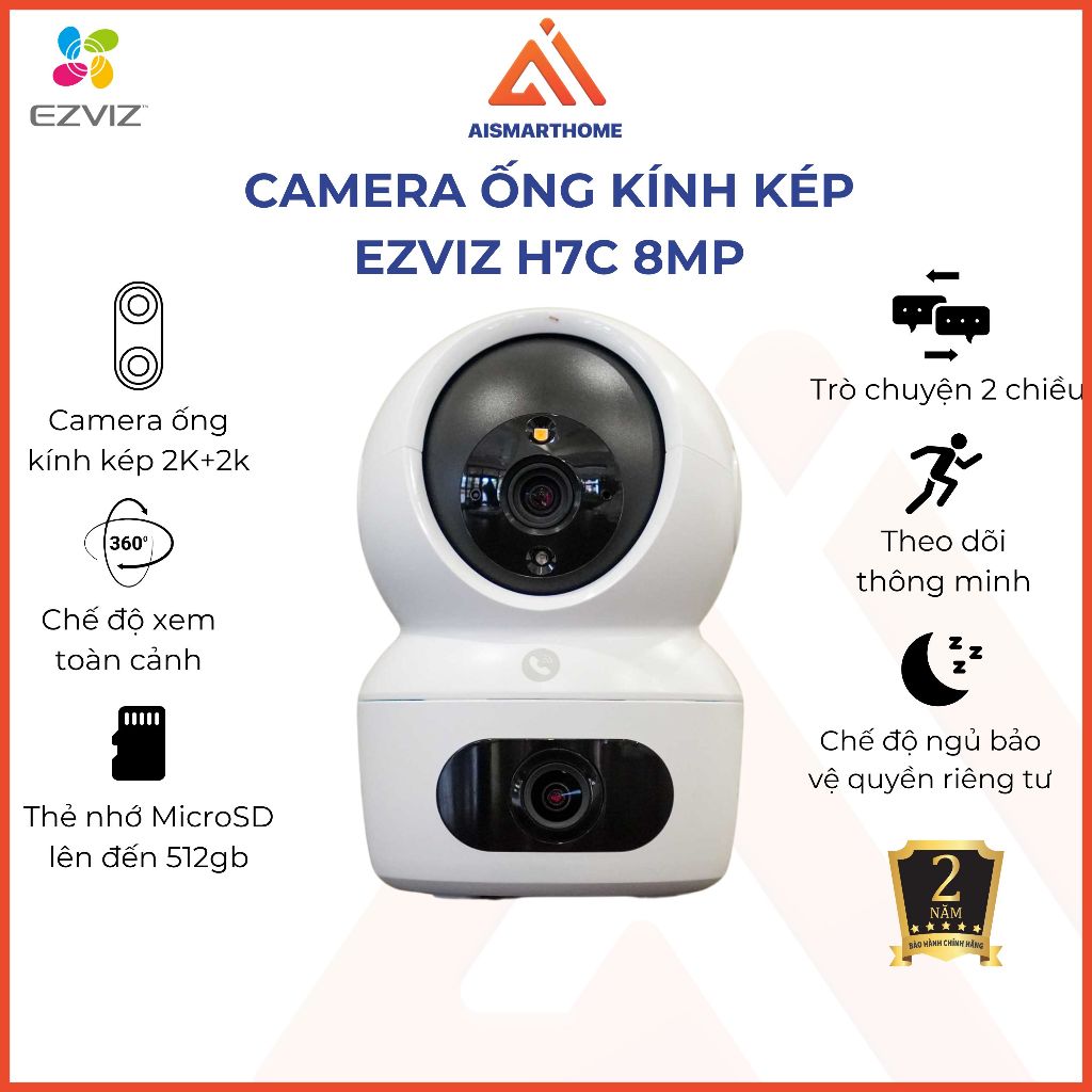 Camera Wifi 2 mắt kép EZVIZ H7C Dual 8MP cực nét 2K + thoại 2 chiều, còi báo động - Bảo hành 2 năm