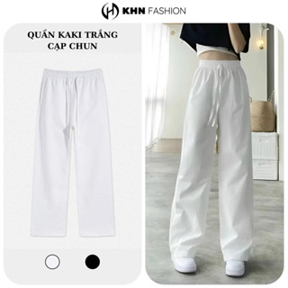  Quần ống suông kaki nữ phối cạp chun dây rút chỉnh eo Quần ống rộng nữ lưng cao 2 màu trắng đen 