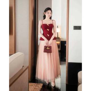 Set áo 2 dây cúp ngực chiết eo đính charm, Chân váy dáng dài tùng xòe 2 lớp Hb.closet S253