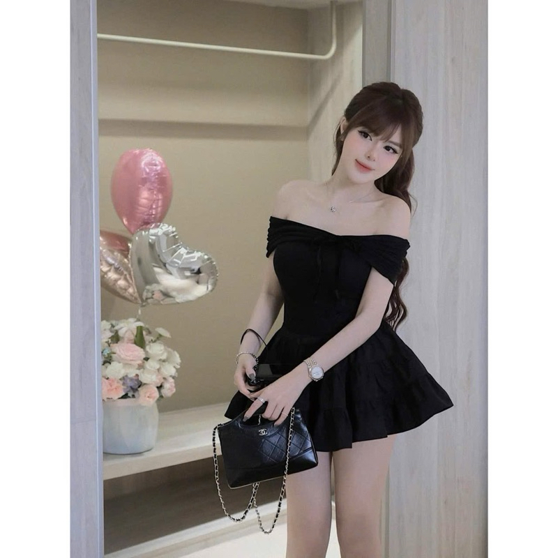 N75 set áo tăm trễ vai chân váy xoè thô mềm tiểu thư