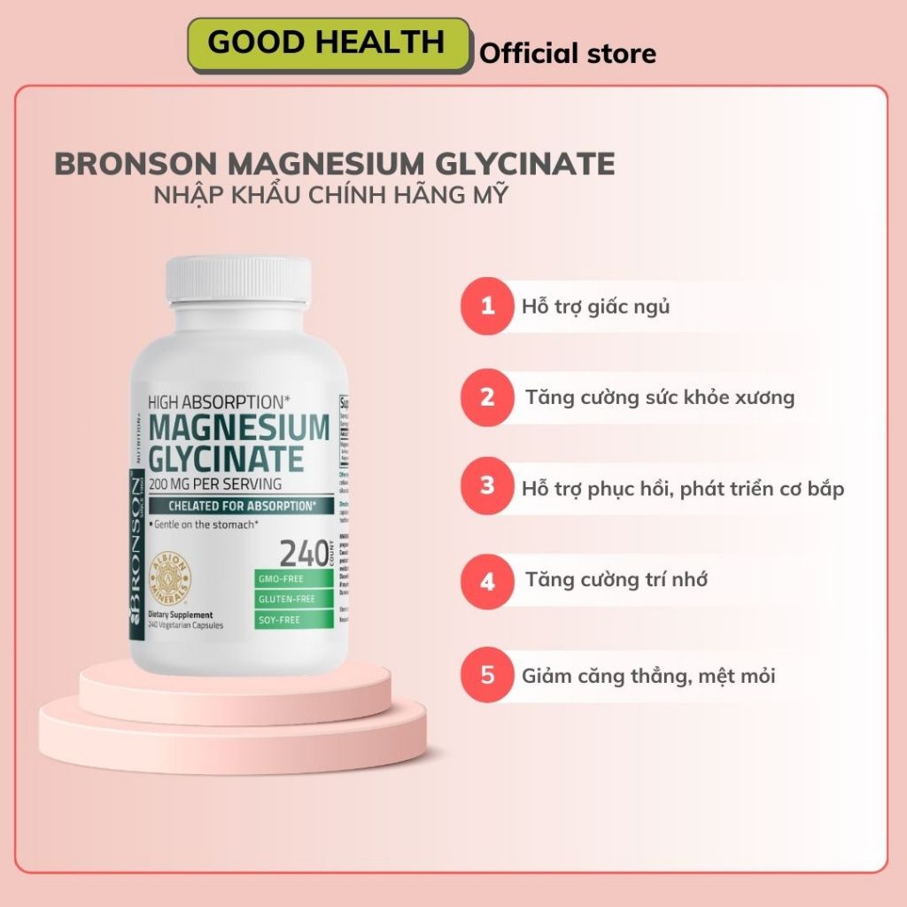Bronson Magnesium Glycinate 200mg - Viên uống giúp hỗ trợ xương khớp chắc khỏe, cải thiện giấc ngủ