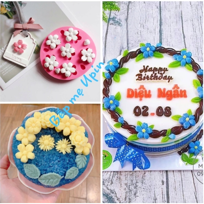 Khuôn Silicon vỉ 6 hoa đào tròn kèm lá HDD66 Hoa mai tròn đẹp làm rau câu