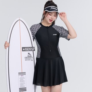  Bộ đồ bơi nữ thể thao big size to 1 một mảnh liền thân váy xòe áo tay ngắn kín đáo che bụng đi tắm biển T20 