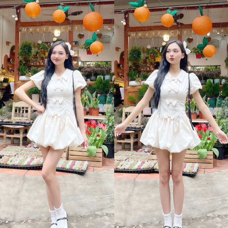 Váy bồng xoè dáng bí thường mặc dáng ngắn đính nơ tay bồng kèm quần bảo hộ dilyshop - V89 | BigBuy360 - bigbuy360.vn