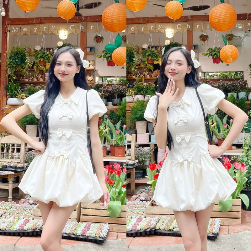 Váy bồng xoè dáng bí thường mặc dáng ngắn đính nơ tay bồng kèm quần bảo hộ dilyshop - V89 | BigBuy360 - bigbuy360.vn