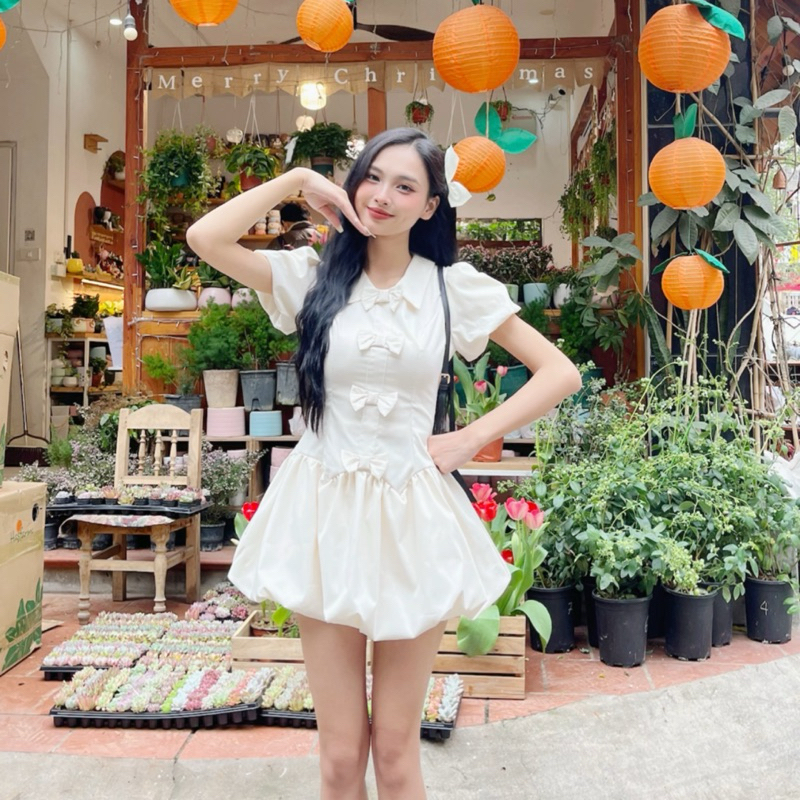 Váy bồng xoè dáng bí thường mặc dáng ngắn đính nơ tay bồng kèm quần bảo hộ dilyshop - V89 | BigBuy360 - bigbuy360.vn