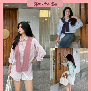 [tặng kèm khăn] Áo sơ mi nữ kẻ kèm KHĂN, Áo sơ mi ulzzang unisex phong cách Hàn Quốc chất mềm mịn FORM RỘNG Mã SM04