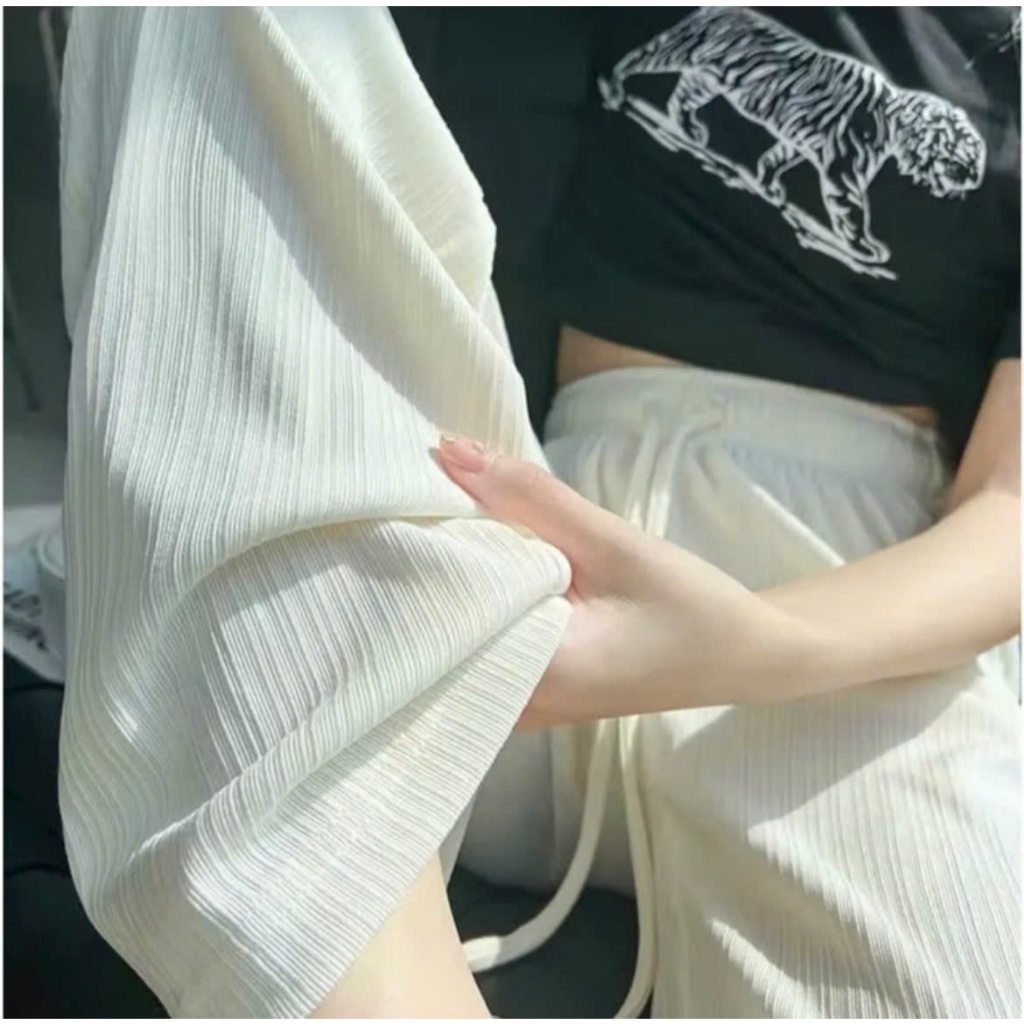 quần  tăm thái lạnh  ống rộng dáng suông rủ co giãn cạp chun lưng cao có dây rút