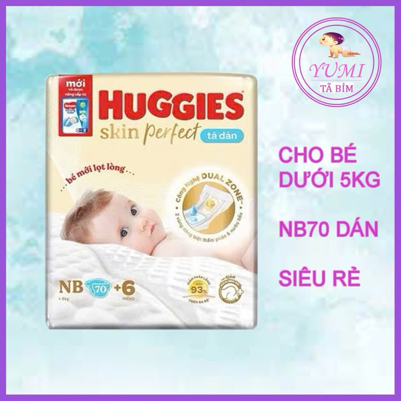 Tã/bỉm dán sơ sinh Huggies Skin PerfectNB 70+4 miếng với 2 vùng thấm giảm kích ứng da