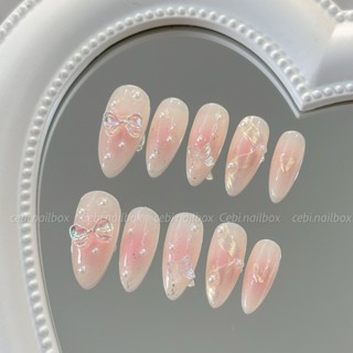 Móng giả c202 nailbox tráng gương màu thạch ánh trai đính nơ ngọc dễ thương cebi.nailbox