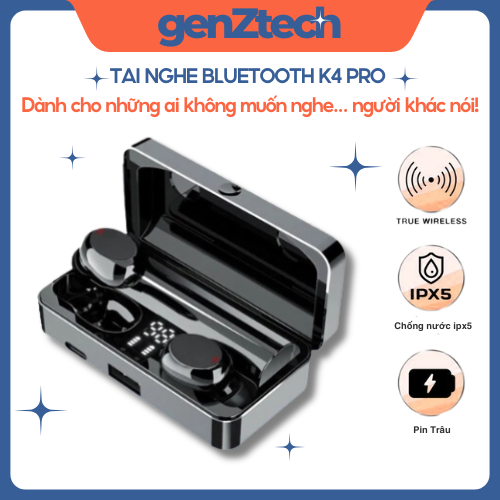 Tai Nghe Bluetooth K4 Pro Cảm Ứng GenZtech Hỗ Trợ Đàm Thoại, Nghe Nhạc, Kiêm Sạc Dự Phòng. Cổng Sạc 
