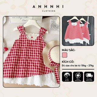 Đầm váy sát nách cho bé gái kẻ caro màu đỏ thiết kế đuôi váy phối ren cực xinh cho bé