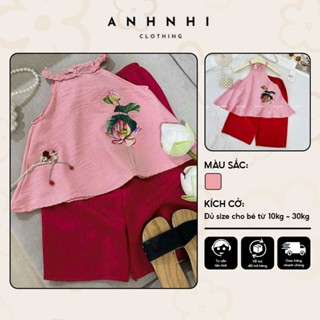 Set bộ yếm tiểu thư cho bé gái mặc Tết, áo tết dây + quần lụa dáng suông dài lưng thun co giãn