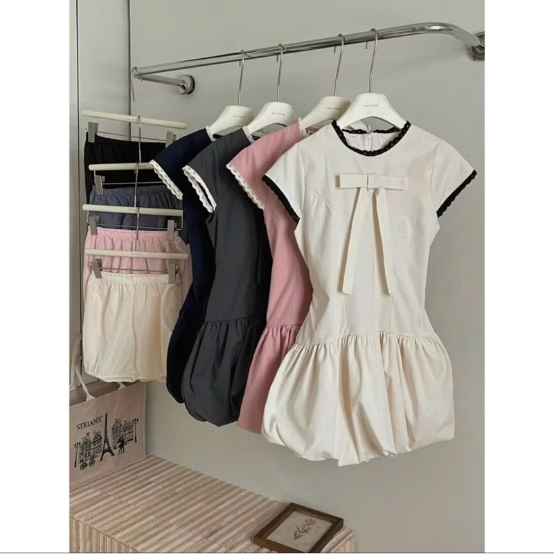 Váy Dáng Bí Phồng Đính Nơ Phối Ren Dáng Ngắn Dây Buộc Eo Kèm Quần Bảo Hộ Rời , Đầm Dáng Bí LOSY.STORE | BigBuy360 - bigbuy360.vn