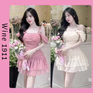  Đầm tiểu thư nhún eo dáng ngắn đính nơ bánh bèo váy 2 dây xếp ly dáng xoè kèm quần rời 