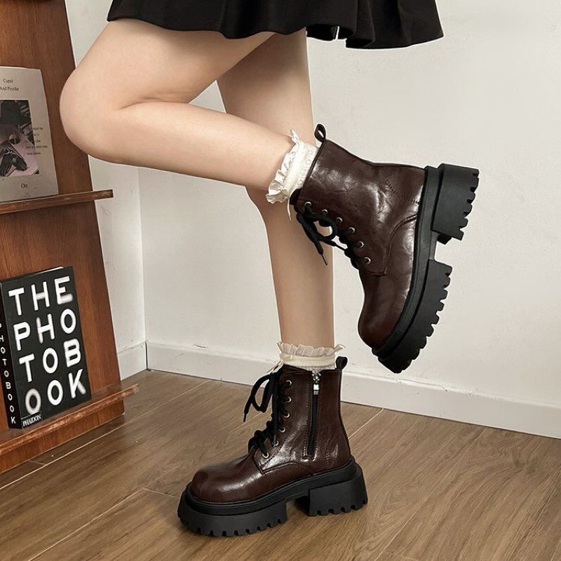 Giày boot nữ martin cao cổ buộc dây đế đinh cao cá tính