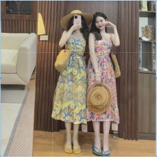 Đầm thời trang nữ đi tiệc sang trọng chất voan hoa cổ dây có mút không tay chạy smocking dáng váy dài xoè maxi