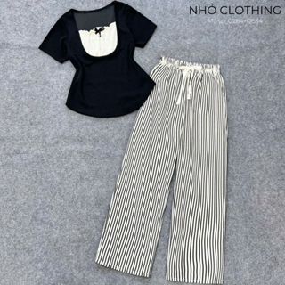  Set đồ bigsize nữ áo thun kiểu đính nơ phối quần ống xuông kẻ sọc hottrend lưng chun co giãn thoải mái- Set971 
