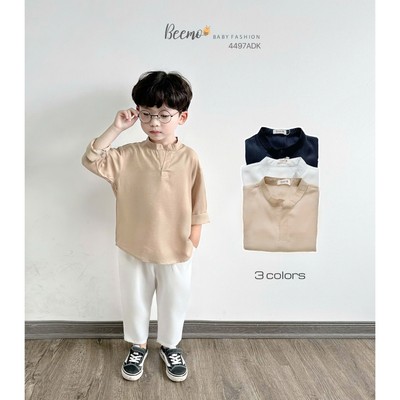 Áo sơ mi cho bé trai dài tay Beemo trơn cổ V cho bé mặc đi học, đi chơi từ 9-24kg 4497ADK