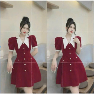 Đầm thời trang nữ chất nhung  đính nút cổ phối trắng vạc nhọn tay phồng dài mini thiết kế sang trọng