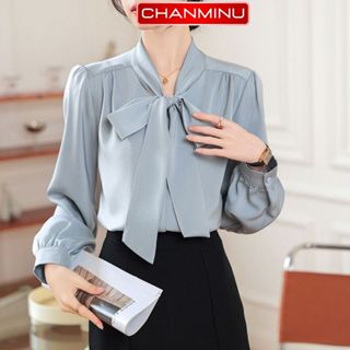  Áo sơ mi nữ CHANMINU A20 kiểu thắt nơ nhún ly vai trẻ trung sơ mi dài tay vải lụa hàn mềm mát kiểu áo basic dễ phối đồ 