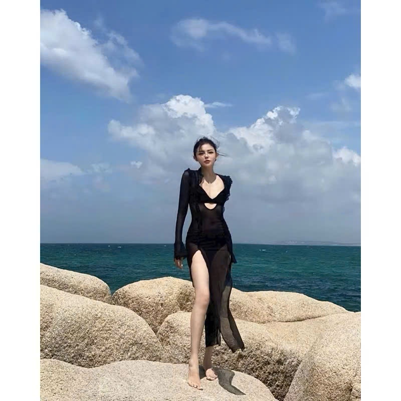 Ms 086 Bikini set ba  chi tiet ĐẦM LƯỚI DÁNG DÀI xuyên thấu, áo tay loe mềm mỏng HÀ BIKINI | BigBuy360 - bigbuy360.vn