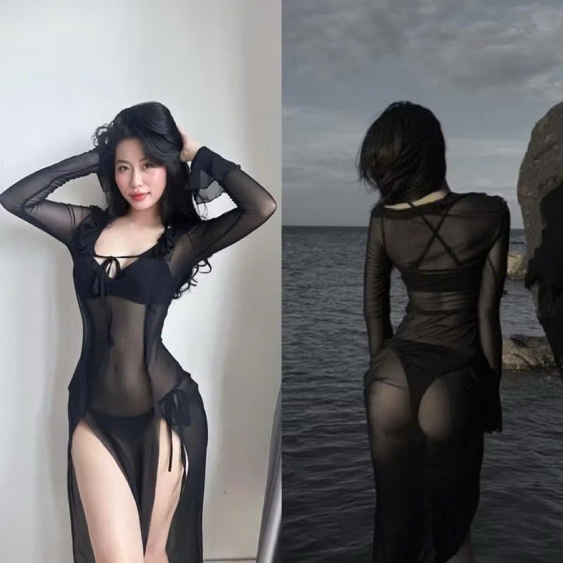 Ms 086 Bikini set ba  chi tiet ĐẦM LƯỚI DÁNG DÀI xuyên thấu, áo tay loe mềm mỏng HÀ BIKINI | BigBuy360 - bigbuy360.vn
