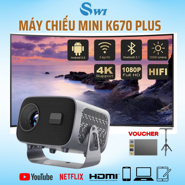 Máy Chiếu Mini K670 SWI Siêu Nét Hỗ Trợ 4K, Độ Sáng Cao, Xoay 360°,Chiếu Mọi Góc Độ, BH 24 Tháng