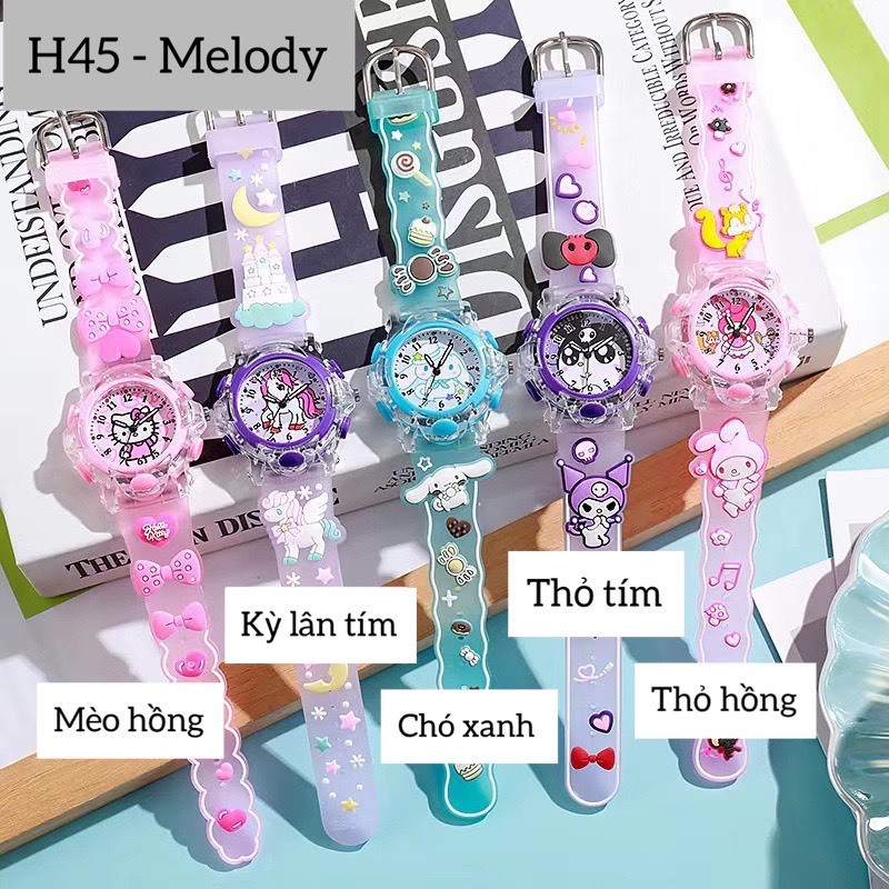 ĐỒNG HỒ CÓ ĐÈN PHÁT SÁNG CHO BÉ TRAI BÉ GÁI LABUBU KUROMI NGƯỜI NHỆN ELSA CAPYBARA