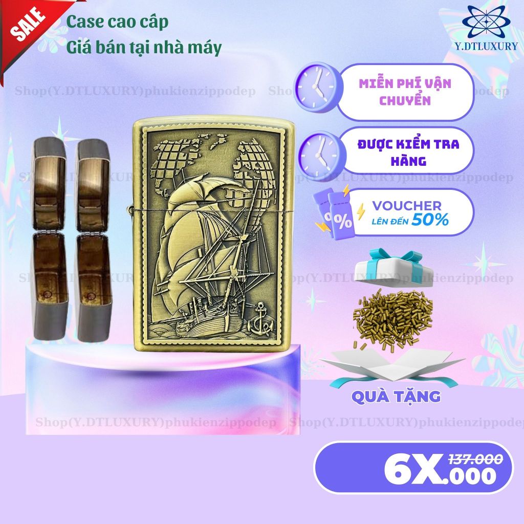 Case Zippo độc lạ, mẫu thuyền chiến vỏ đồng , tặng 5 đá zippo (YTH2)