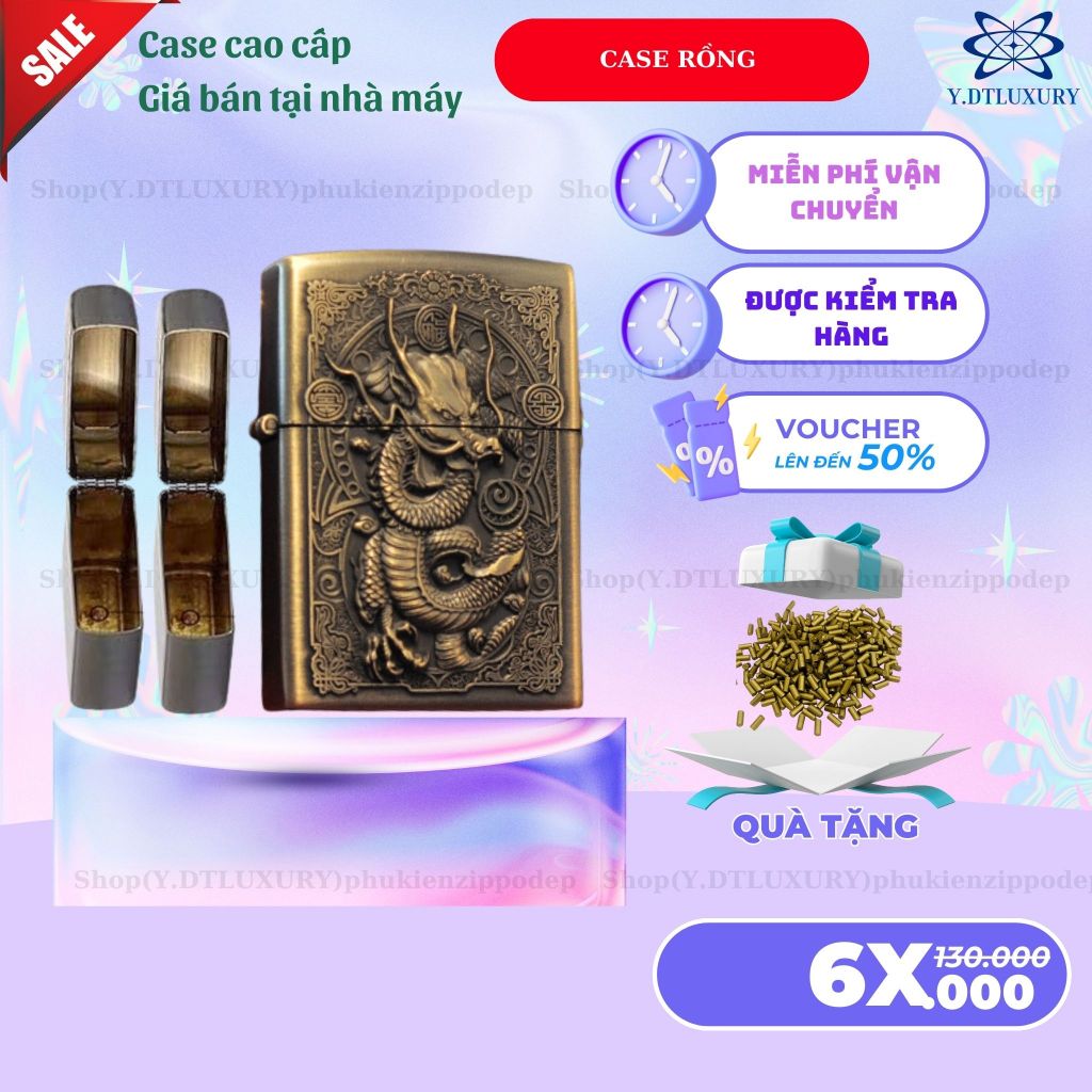 Case Zippo độc lạ, mẫu Rồng vỏ đồng cao cấp ,  tặng 5 đá zippo (YRO5)