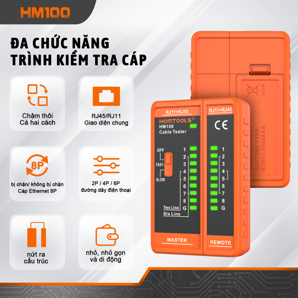 HOMTOOLS HM100 Máy kiểm tra cáp mạng 8P / 6P / 4P / 2P Máy kiểm tra cáp lan Dây mạng Dây điện thoại 