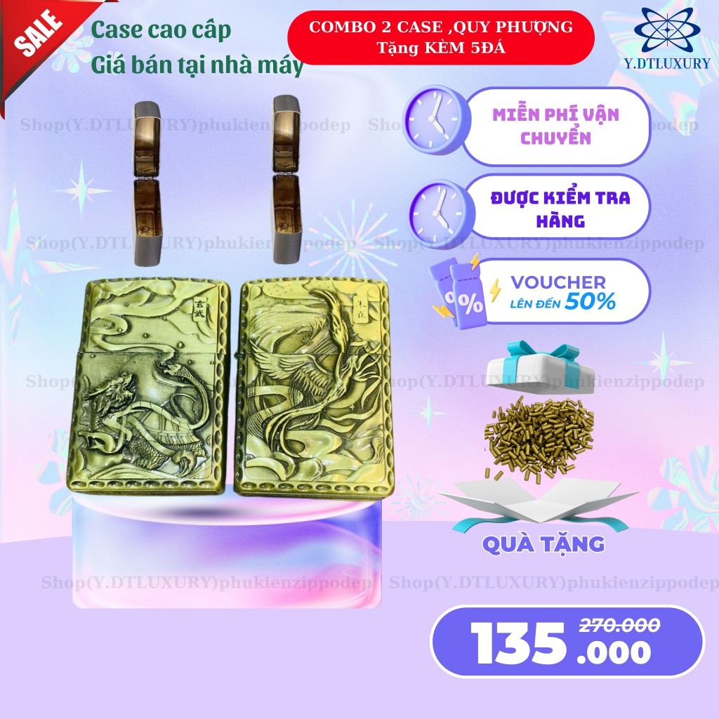 Case Zippo độc lạ, 2 chiếc QUY PHƯỢNG vỏ đồng cao cấp ,tặng 5 đá zippo (YQUYPHUONG)