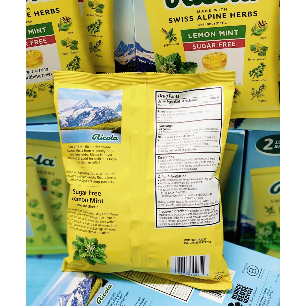 Kẹo RICOLA LEMONMINT ngậm ho không đường 105 viên