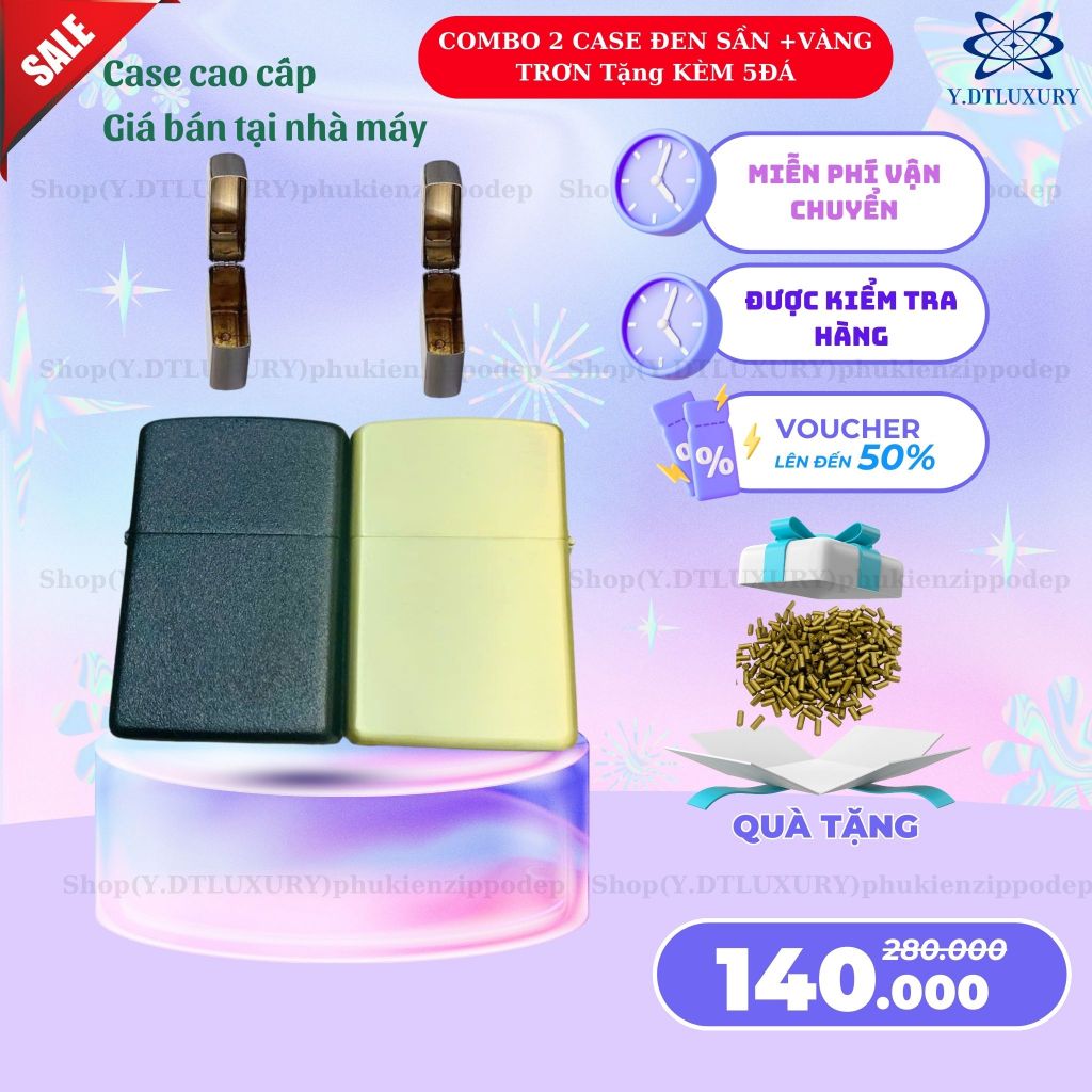 Case Zippo độc lạ, combo 2 chiếc đen + vàng gold. tặng 5 đá zippo (YDSVT)