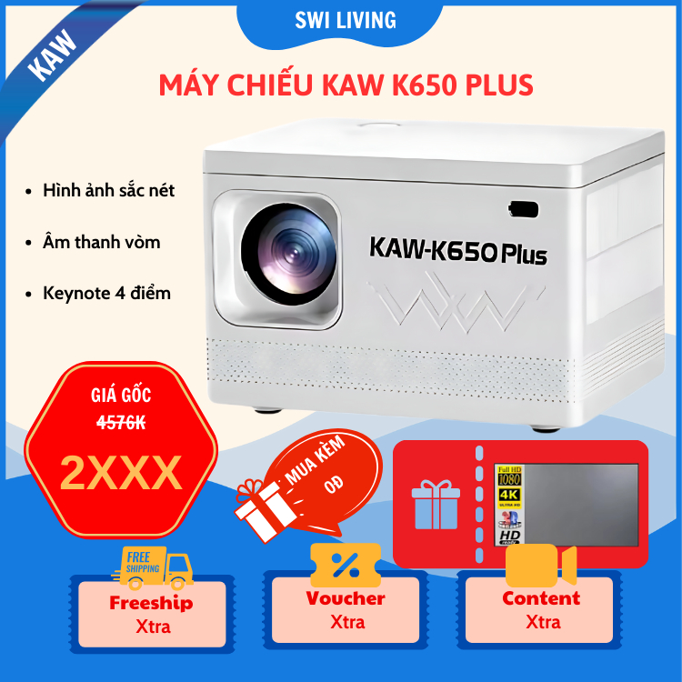 Máy Chiếu 4K Siêu Nét KAW/SWI K650 Plus, Giá Rẻ, Chất Lượng, Full HD 1080p,Keystone 4 điểm,Bluetooth