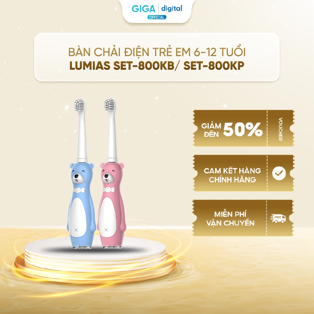 Bàn chải điện cho trẻ em 3-12 tuổi Lumias SET-800KP/SET-800KB - Sử dụng lên đến 25 ngày