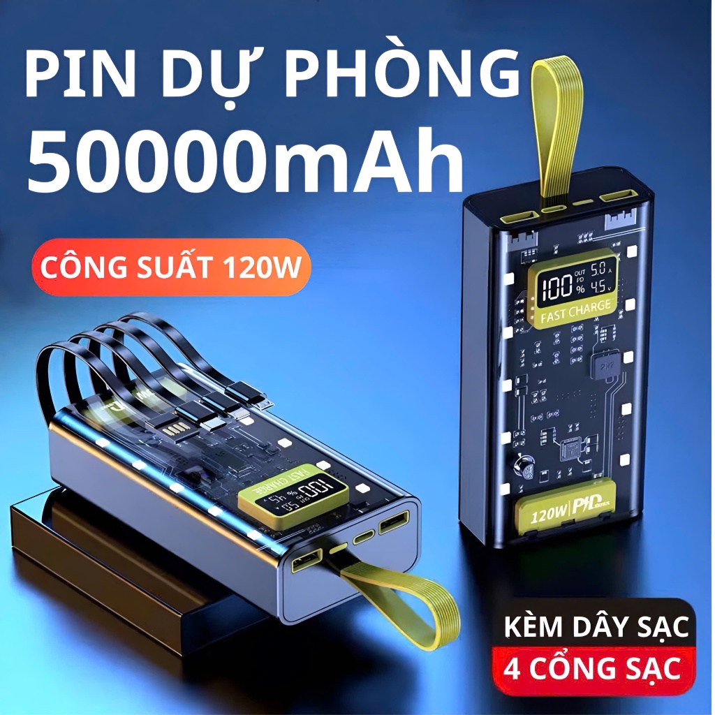 Cục sạc dự phòng 50000MAH hỗ trợ sạc nhanh 120W với 4 cổng sạc tích hợp đèn và dây sạc tiện lợi