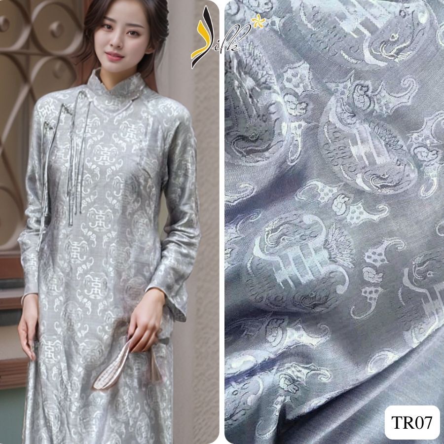 Lụa may áo dài - SILK – hoa văn thọ dơi màu ghi xám – TR07