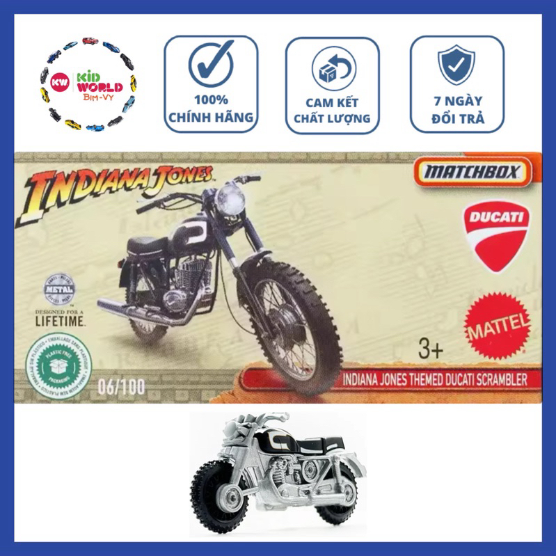 Xe Moto mô hình Matchbox Box Indiana Jones Themed Ducati Scrambler 06/100.