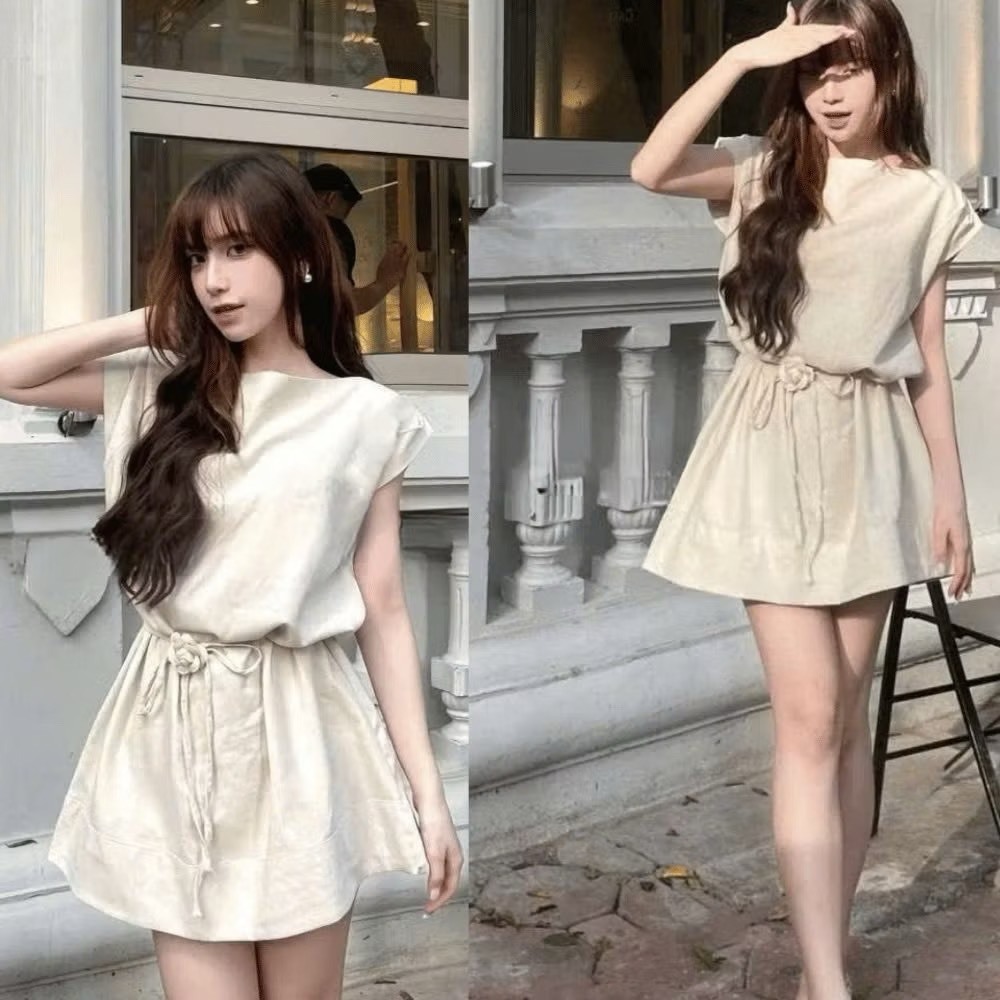 Váy Linen Cổ Thuyền Tay Hến Chiết Eo Dáng Ngắn Kèm Dây Buộc Eo Và Tag Hoa Trà Thanh Lịch (Ảnh Thật Trải Sàn) Lollaye | BigBuy360 - bigbuy360.vn