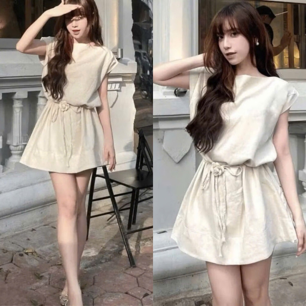 Váy Linen Cổ Thuyền Tay Hến Chiết Eo Dáng Ngắn Kèm Dây Buộc Eo Và Tag Hoa Trà Thanh Lịch (Ảnh Thật Trải Sàn) Lollaye | BigBuy360 - bigbuy360.vn