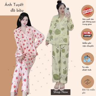  Bộ bầu - bộ sau sinh - Bộ Dài Lanh Cổ Pizama - 6 Màu - Tiện Lợi 