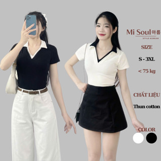 Áo Thun Cotton Nữ Cộc Tay MiSoul Cổ V Phối 2 Màu Basic Dáng Ôm Tôn Dáng BigSize, Áo Cộc Tay Cổ V 400