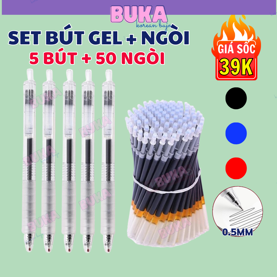 5 bút + 50 ngòi Bút gel basic vỏ trong BUKA viết êm mượt ngòi 0.5mm bút đen xanh đỏ nét đẹp mực đậm nhanh khô