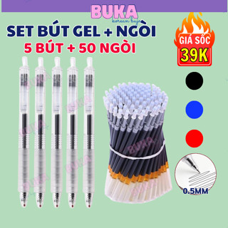 5 bút + 50 ngòi Bút gel basic vỏ trong BUKA viết êm mượt ngòi 0.5mm bút đen xanh đỏ nét đẹp mực đậm nhanh khô