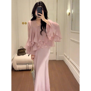 Set tơ hồng 2 chi tiết áo tơ bèo kèm chân váy lụa tiểu thư