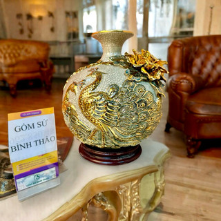 Bình hút lộc rạn đắp nổi vẽ 24K, bình phong thủy thu hút tài lộc, bình tích lộc, trang trí (TẶNG ĐẾ)